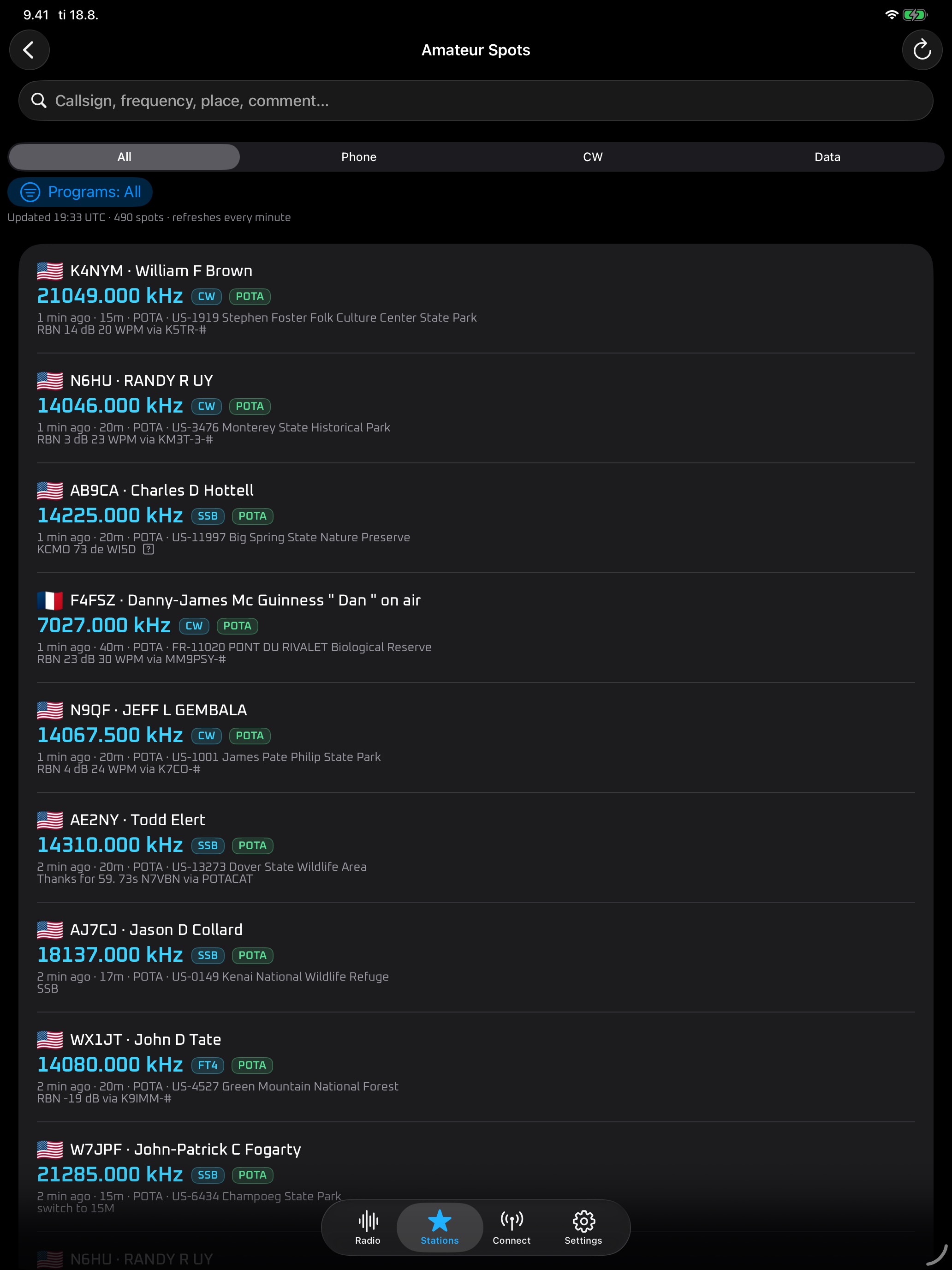 Amateur Spots list on iPad