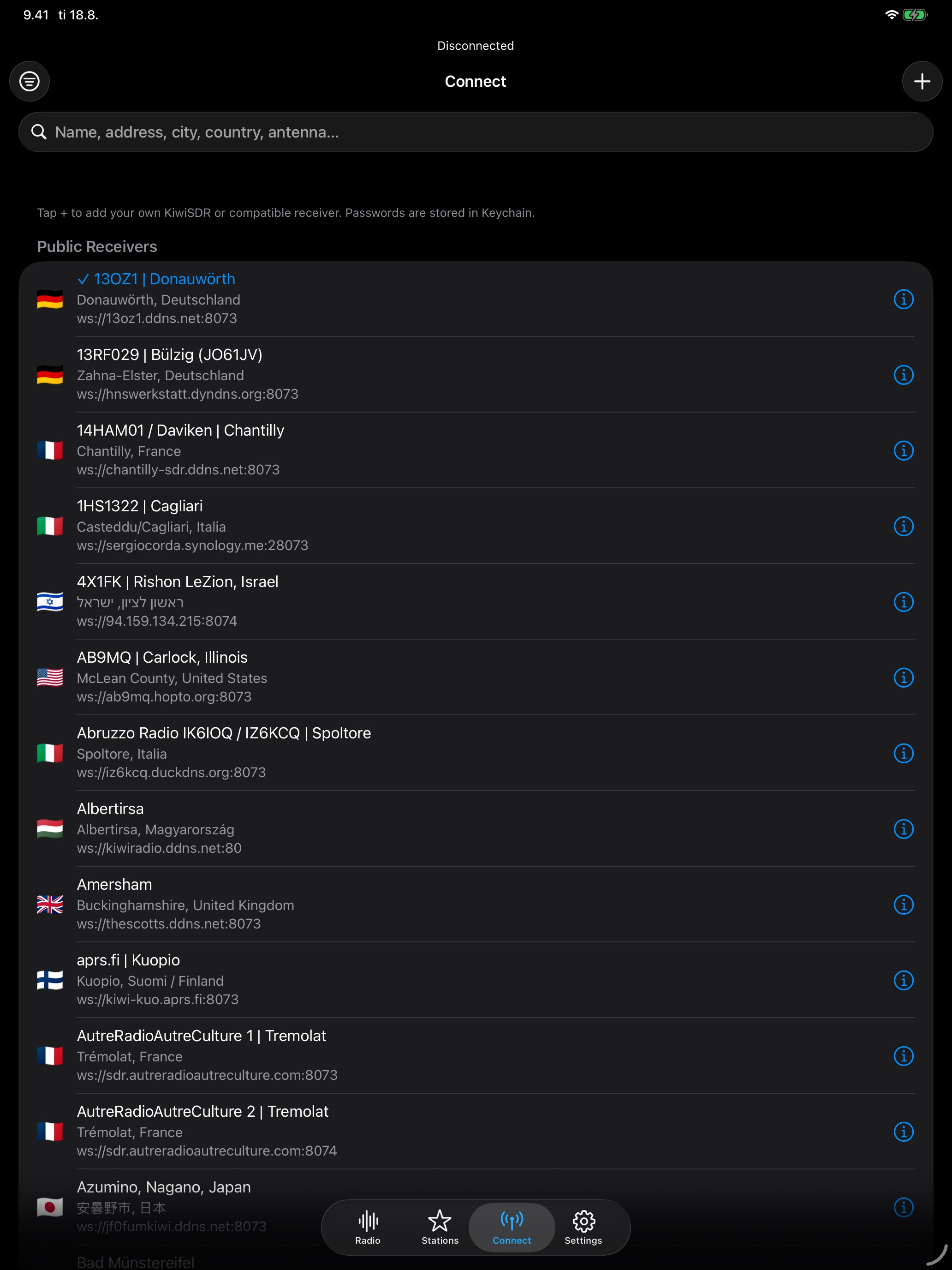 Receiver connection screen on iPad