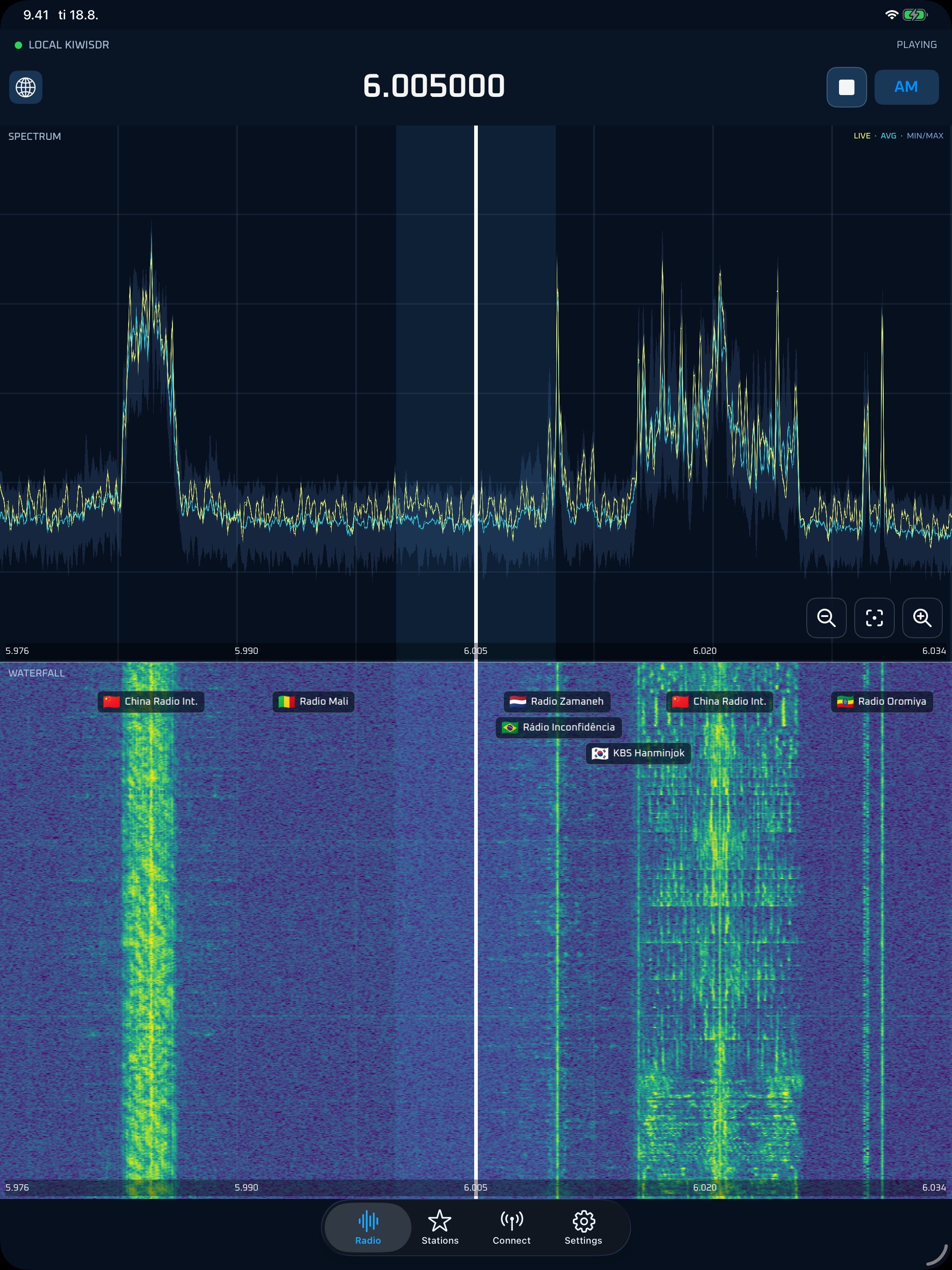 Radio screen on iPad with live spectrum, waterfall, and scheduled station labels