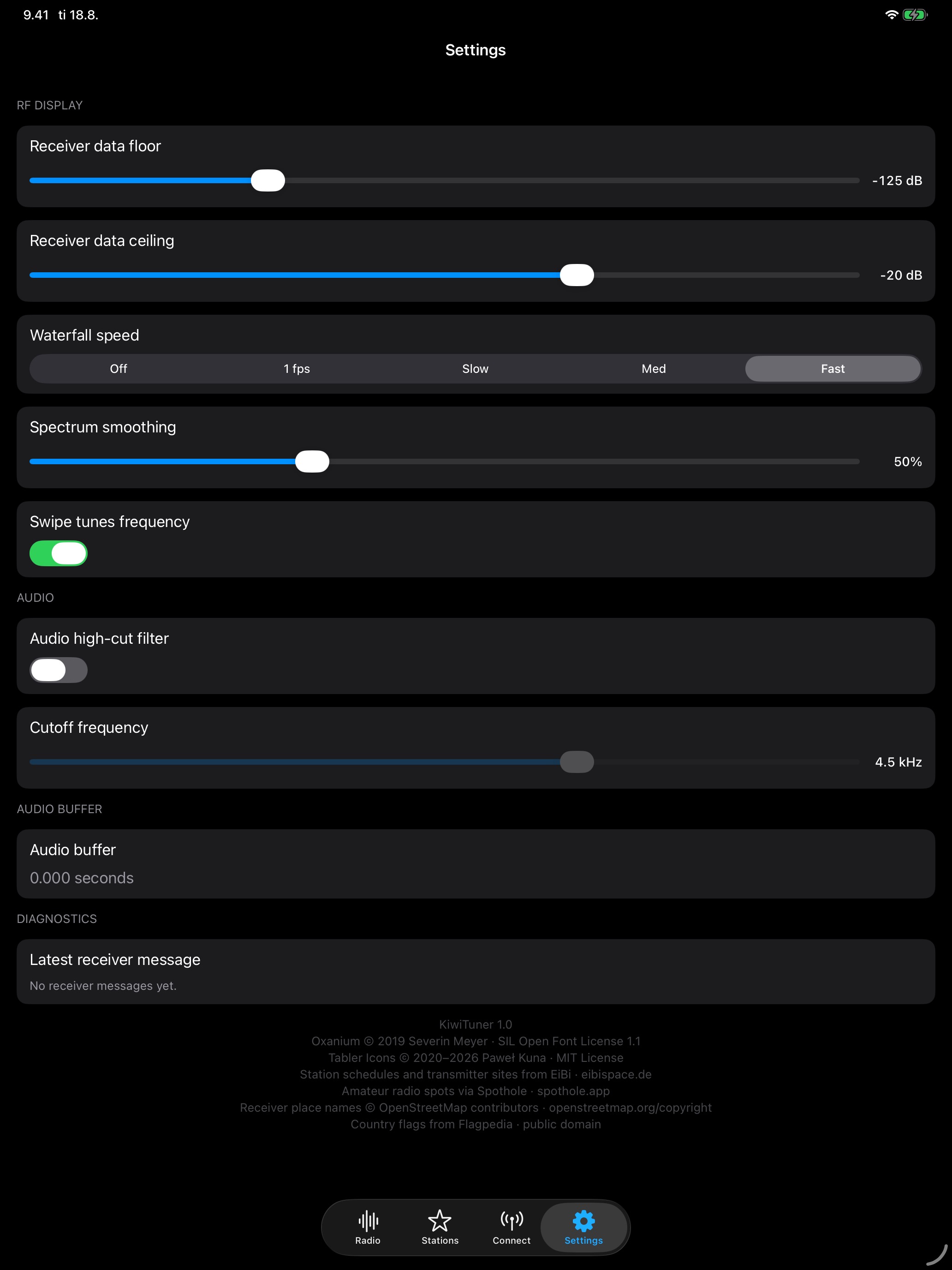 KiwiTuner settings on iPad