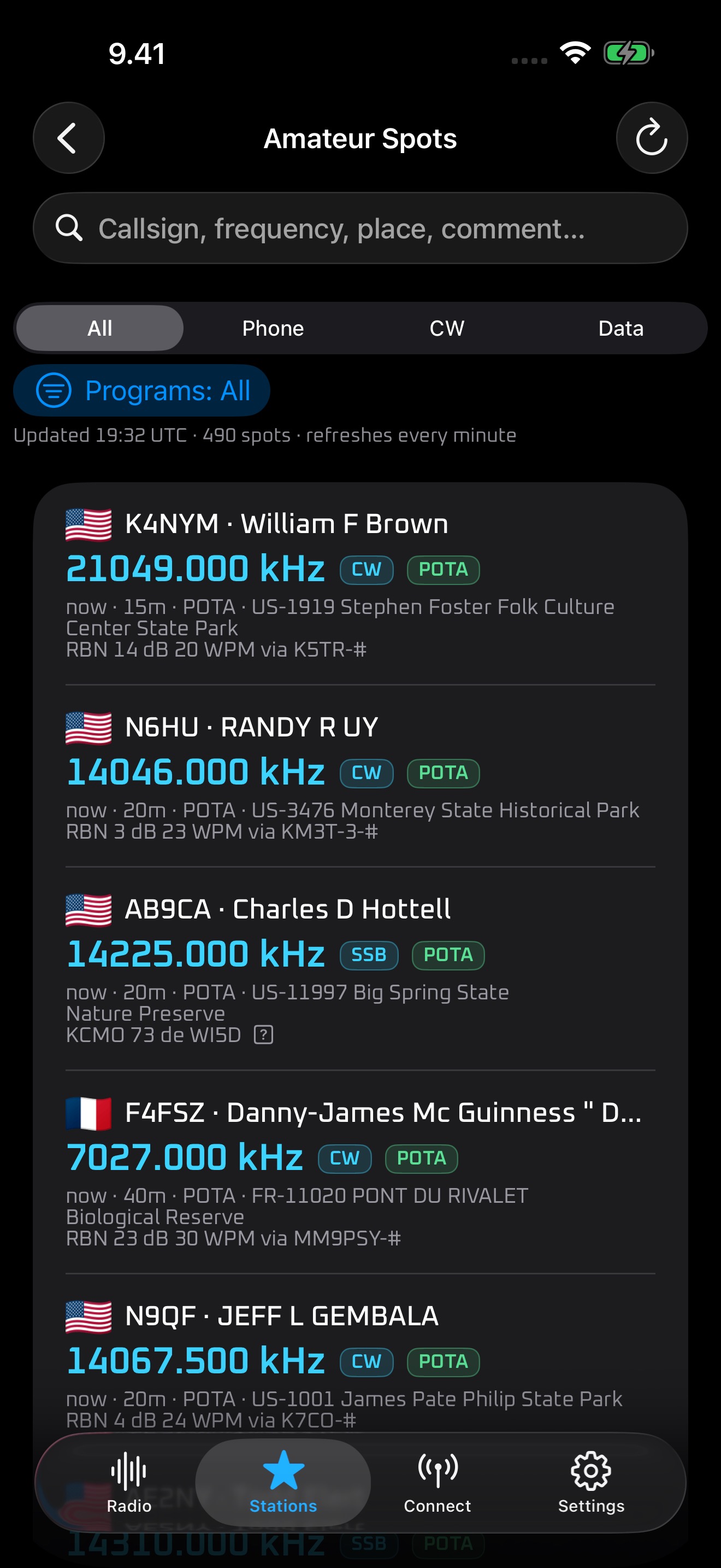 Amateur Spots list with program and mode filters