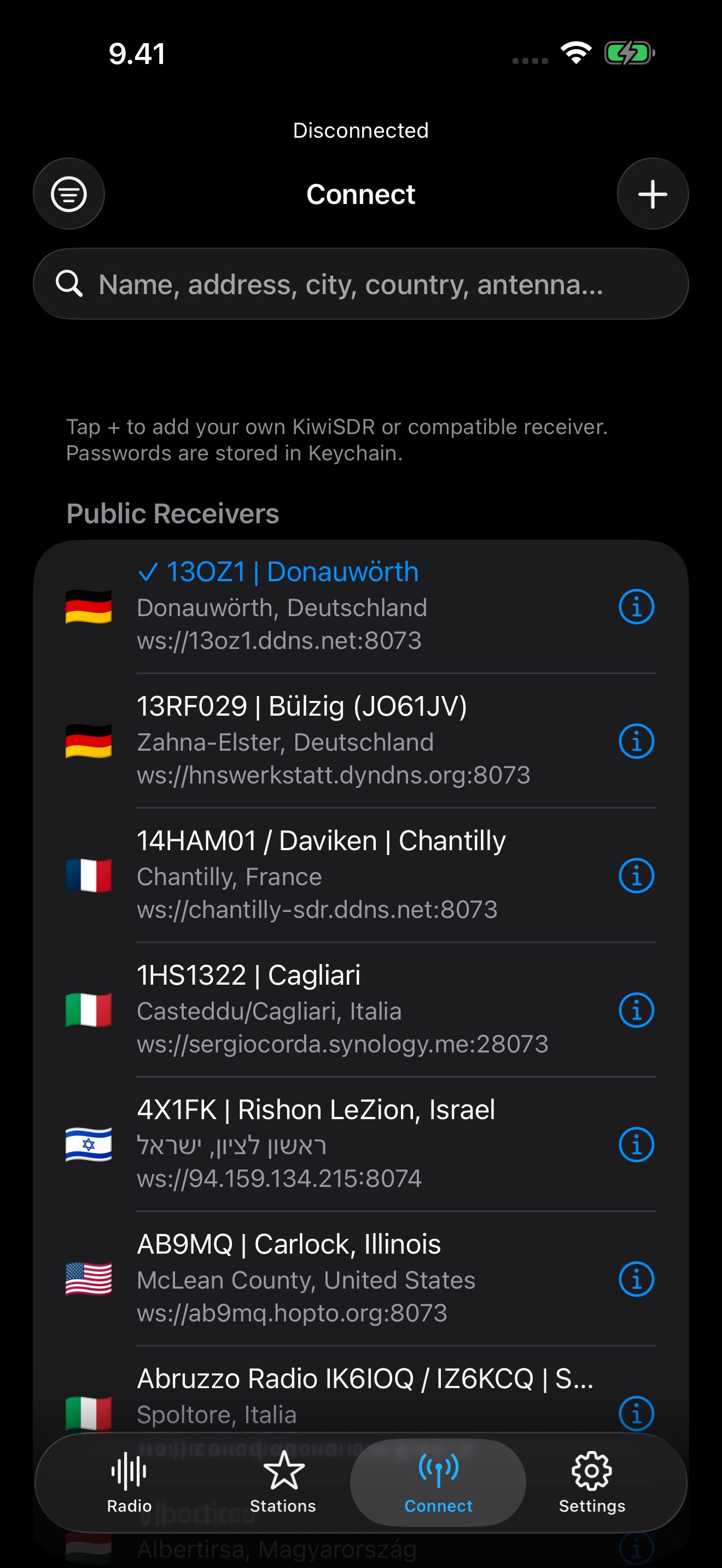 Receiver selection and connection screen