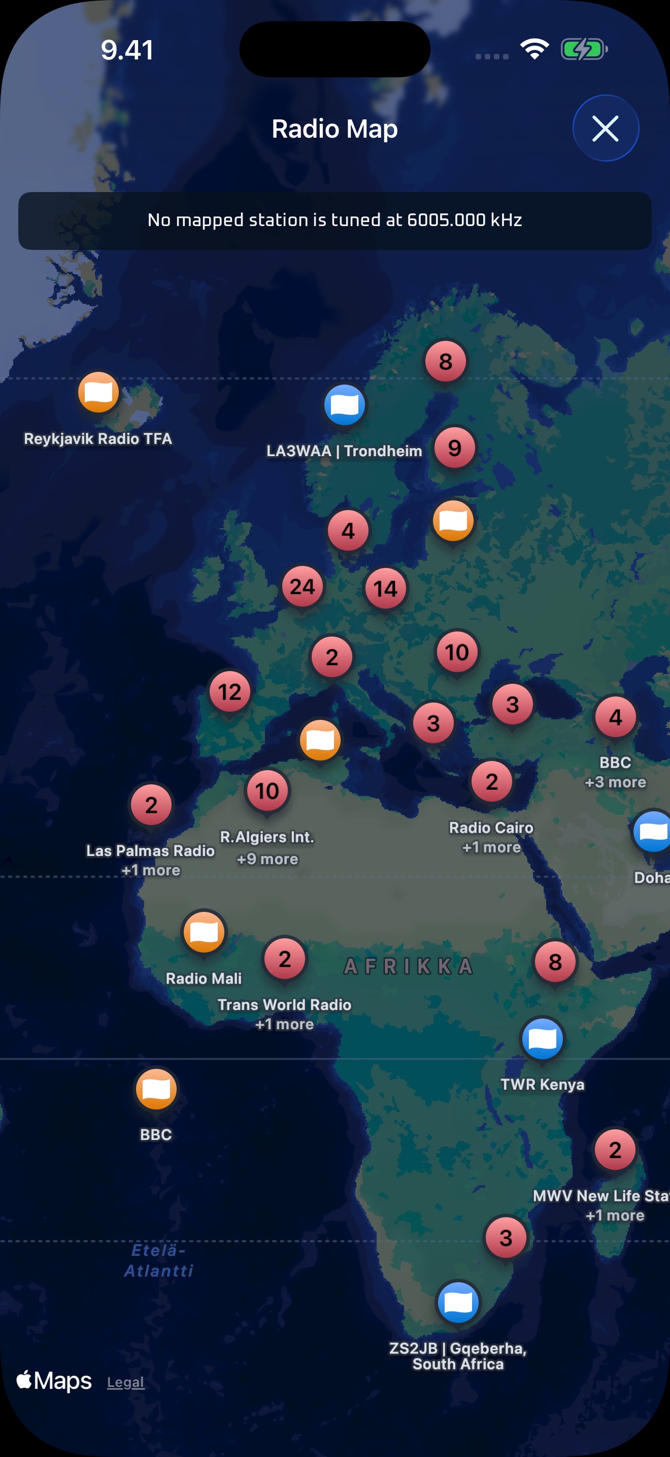 Map showing a receiver and radio station path