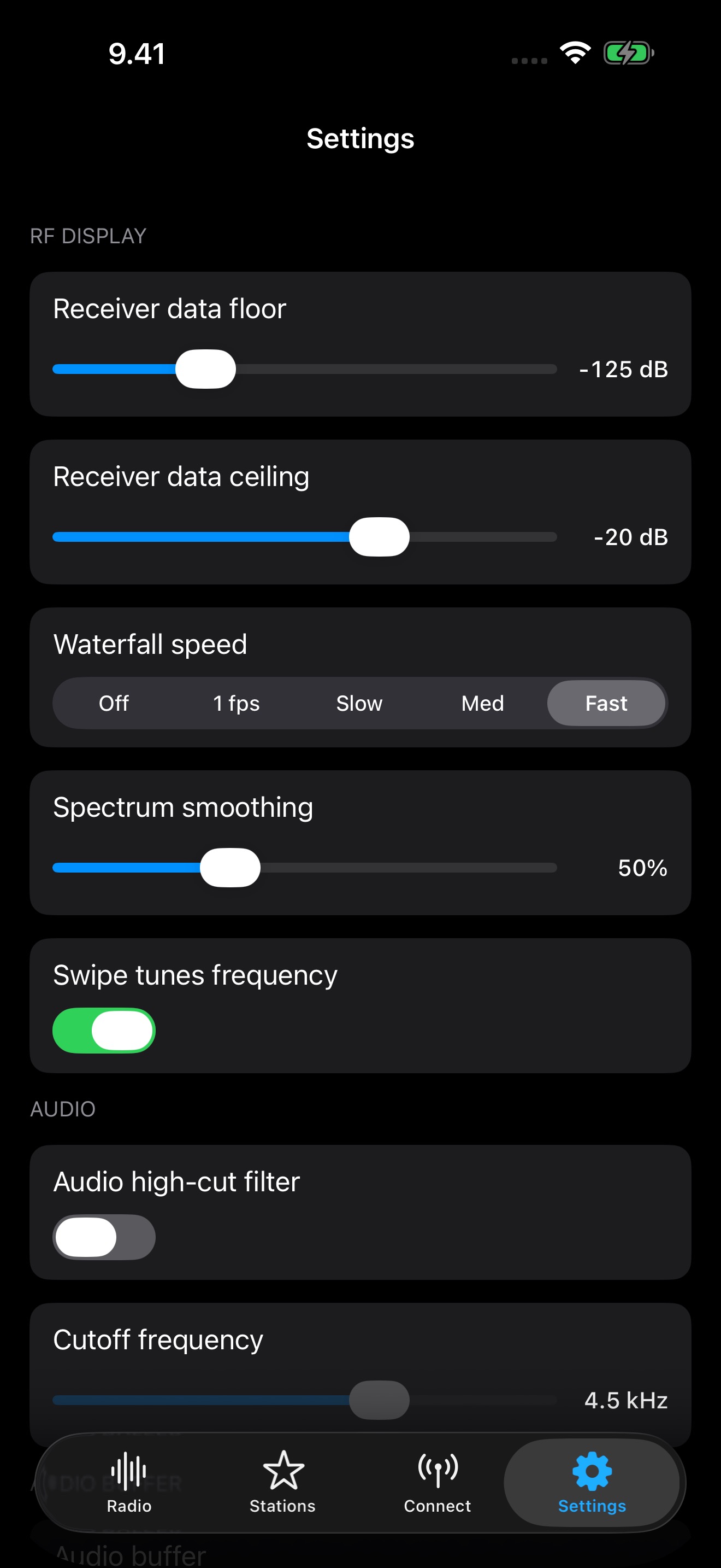 KiwiTuner radio and display settings
